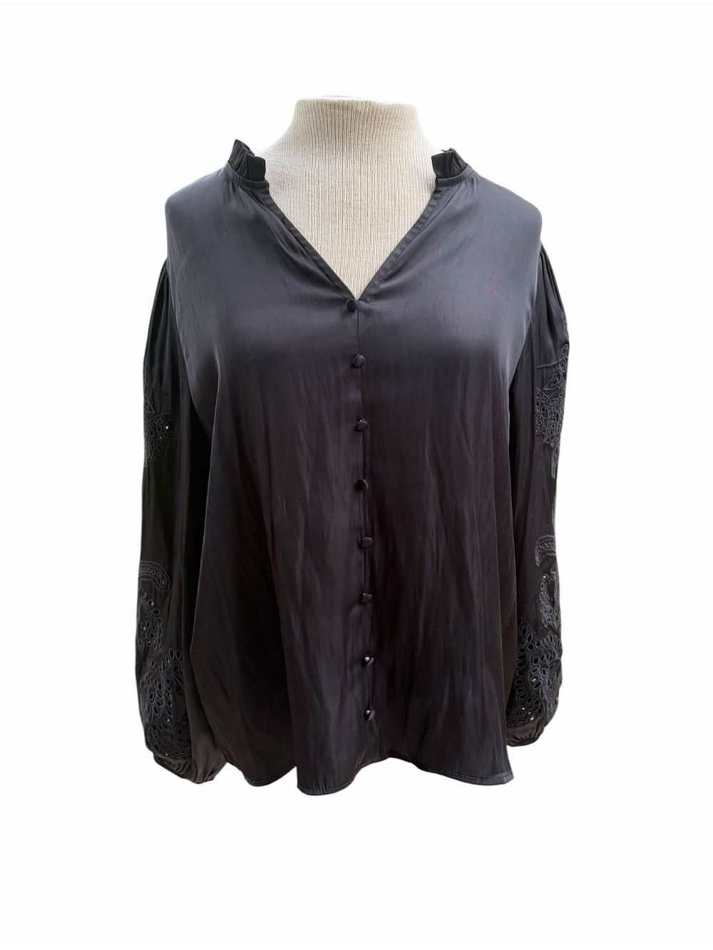 Rachel Zoe Black Satin Button-Front V-Neck Blouse with Eyelet Sleeve Detail